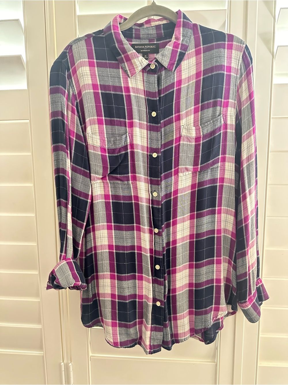 Banana Republic Navy, Pink & White Plaid Button-Down Shirt
